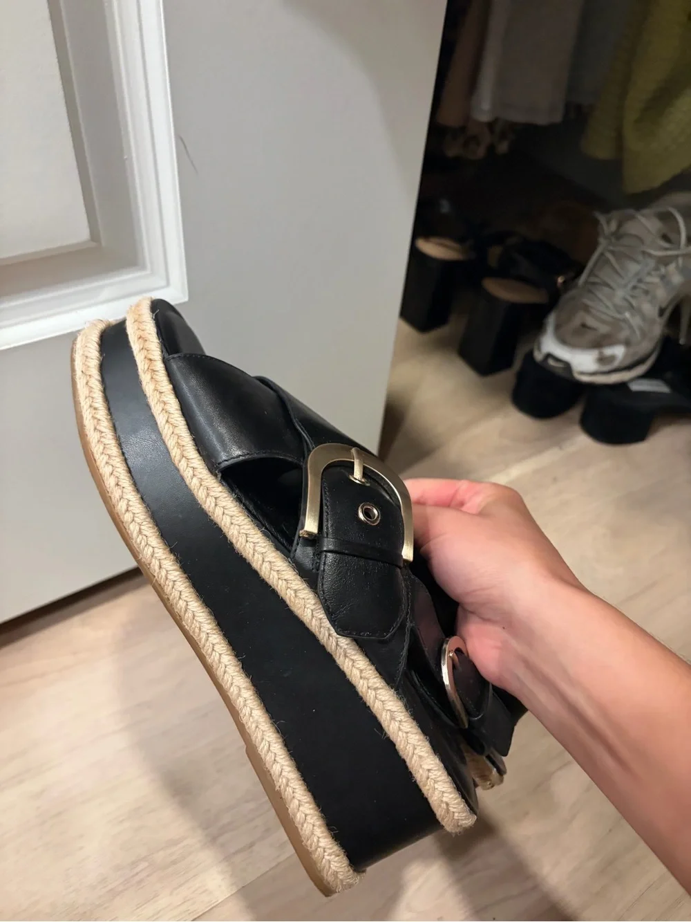 Marc fisher 7.5 Black Leather Espadrille Slingback Sandals with Gold Buckle